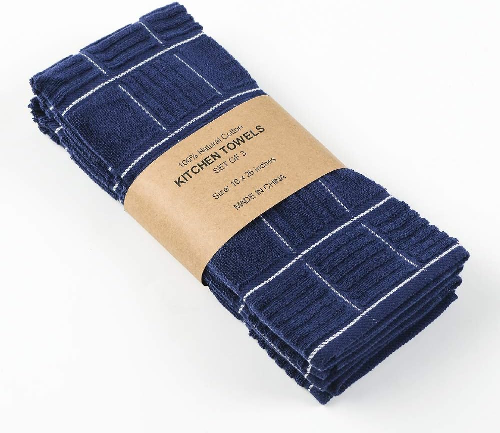 Anyi 100% Cotton Kitchen Towels, Absorbent Dish Towels with Hanging Loop, Soft Kitchen Hand Towels for Washing Drying Dishes(16x26, Set of 3, Navy)