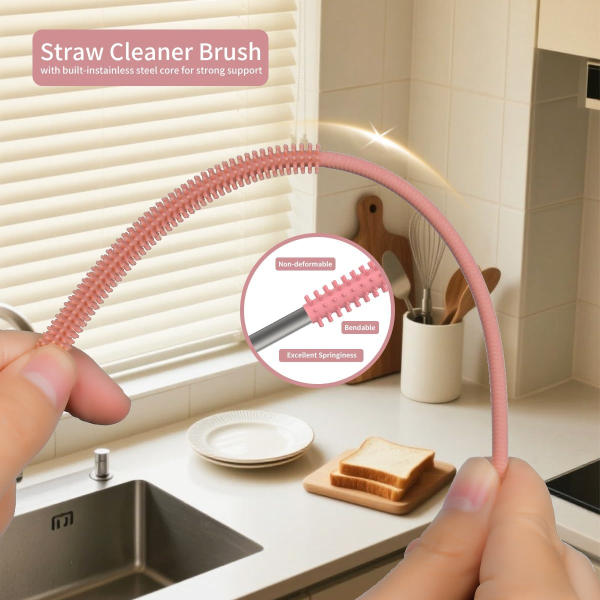 4PCS Silicone Straw Cleaner Brush, Reusable Straw Brush Extra Long for Cleaning Glass Metal Smoothie Straws and Cups, Non-Slip Handle Soft and Bendable, 2 PCS 6mm+2 PCS 9mm, Pink