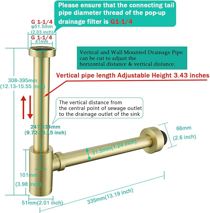 Brass Round Bottle P-Trap 1 1/4, Adjustable Basin Sink Waste Drain Trap Kit, Brushed Gold P Trap