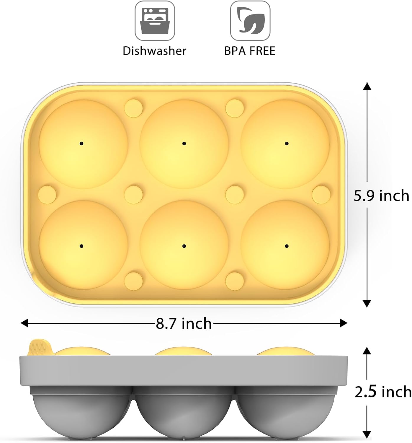 2.5inch Spherical Ice Ball Tray For Whiskey, Big Ice Freezer Mold for Cocktails，Easy Fill In & Release Ice Cube Mold, Durable &Reusable Spherical Ice Maker (Sunshine)