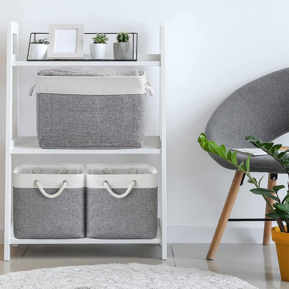 TheWarmHome Organization and Storage Basket for Organizing - 3 Pack 16x12x12 inch Cube Storage Bin Fabric Storage Cubes for Organizer Cloth Gift Toy Closet (White & Grey)