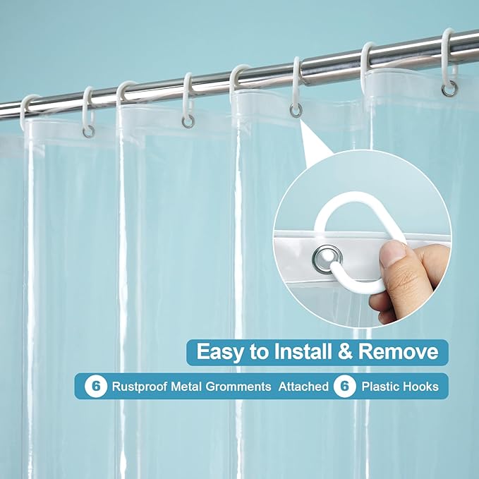 EurCross Tall Stall Size Clear Shower Curtain Liner 36x78, Waterproof See-Through PEVA Shower Curtain with 3 Magnets,36inch Width by 78inch Height,6 Metal Holes and Hooks