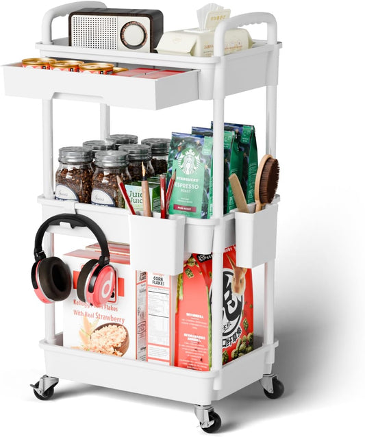 3 Tier Rolling Cart Organizer,Laundry Room Bathroom Organizers and Storage Office Shelves Mobile Shelving Unit Kitchen Trolley Cart with Wheels for Art,Craft,Diaper,Bedside,Snack(White)