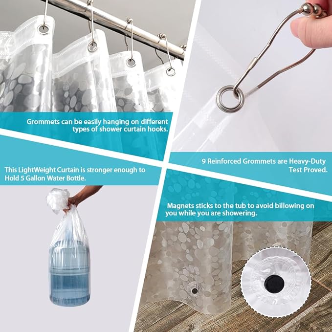 Ga-Geetopia Narrow Size EVA Clear Shower Curtain Liner, Pebble Pattern 60x72 Inch Lightweight Plastic Bathroom Shower Showroom Inner Curtain with Rustproof Metal Grommets and Weighted Magnets