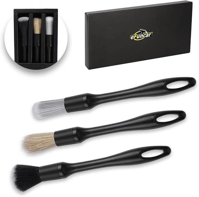 Car Detailing Brush Kit - 3 Pack, Auto Boar Hair Detail Brush Set Automotive Interior Exterior No Scratch Microfiber Detailing Brushes for Cleaning Air Vents, Engine Bays, Dashboard & Wheels