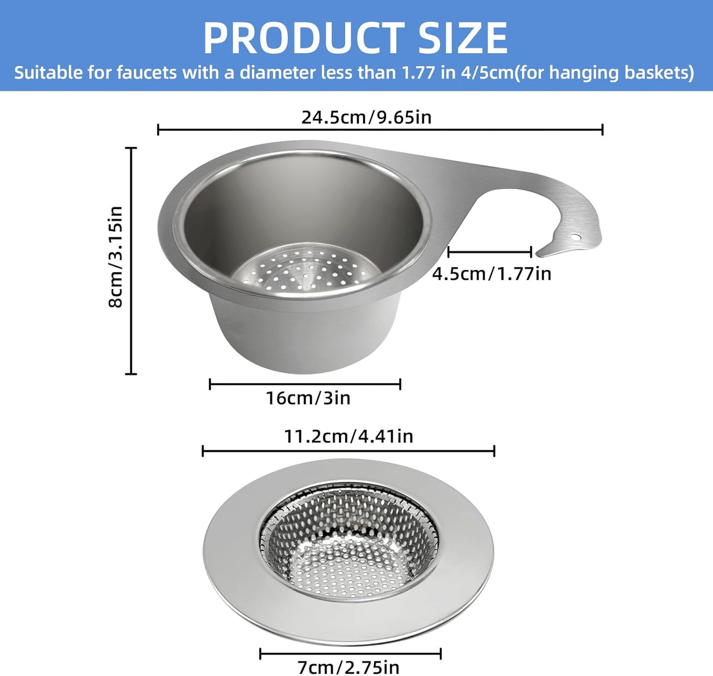 Stainless Steel Drainage Basket, Corner Sink Filter Basket,4.5-inch Sink Drainage Filter and Faucet Hanging Stainless Steel Drainage Basket, Kitchen Sink Drainage Filter, Sink Drainage Filter（2Pcs）