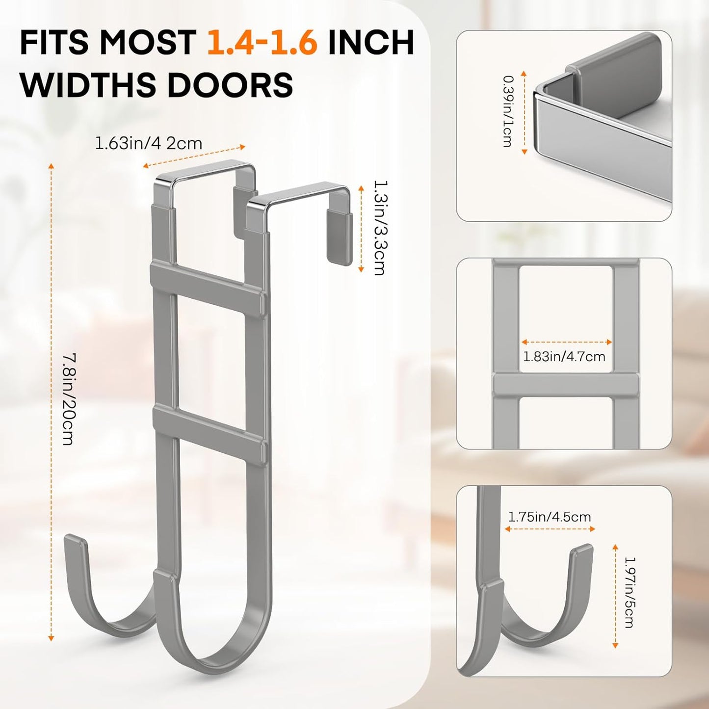 FYY Over The Door Hooks - 2 Pack Heavy Duty Dual-Hook Organizer Hanger with Non-Slip Rubber for Towels, Clothes, Hats & Bags Use in Bathroom, Bedroom, Kitchen - Fits Interior Doors Up to 1.6" Grey