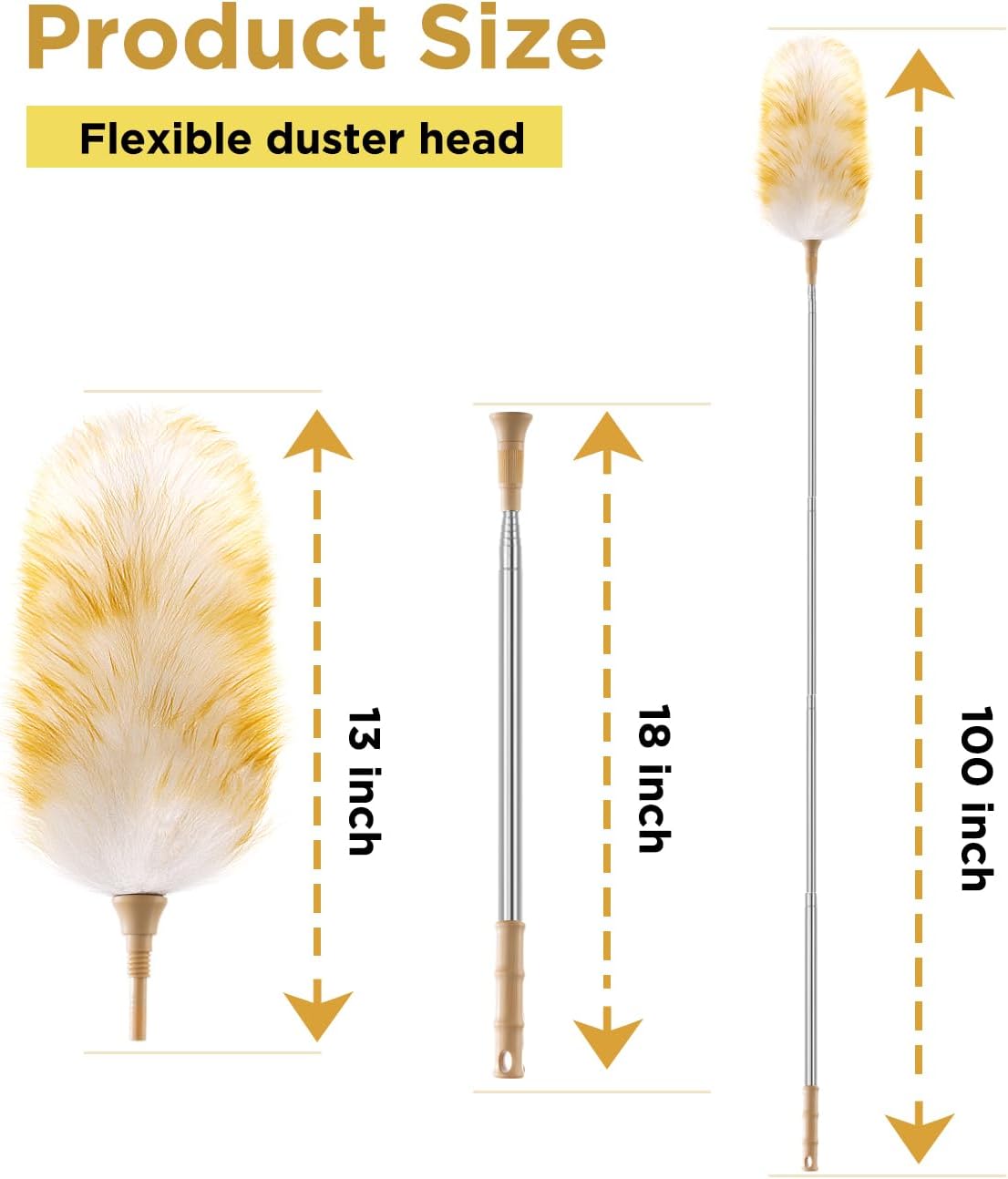Extendable Lambswool Duster 30-100 Inch, Stainless Steel Long Handle Duster, Natural Feather Duster for Cleaning High Ceilings, Fans, Bookshelves, Interior, Cars, Brown