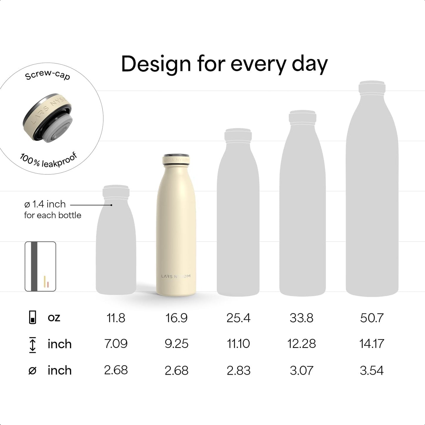 LARS NYSØM Stainless Steel Insulated Water Bottle 12oz 17oz 25oz 34oz 51oz | Insulated Thermo Flask for Hot and Cold Beverages | Leakproof Drinking Bottle (Almond Beige, 17oz)
