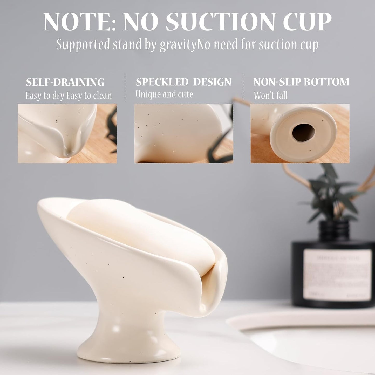 Soap Dish, Self Draining Bar Soap Holder for Bathroom Sink, Leaf Shaped Drainage Ceramic Speckled Soap Dish Porcelain Decorative Soap Dishes, ANTIS'S HOME