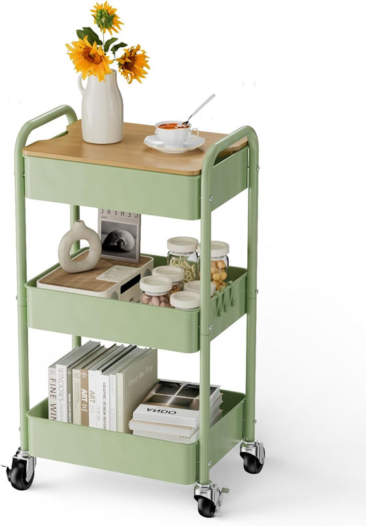 3 Tier Rolling Cart with Table top, Metal Rolling Utility Cart, Sturdy Storage Organizer Cart with Locking Wheels & Hooks for Office, Classroom, Kitchen and Bathroom