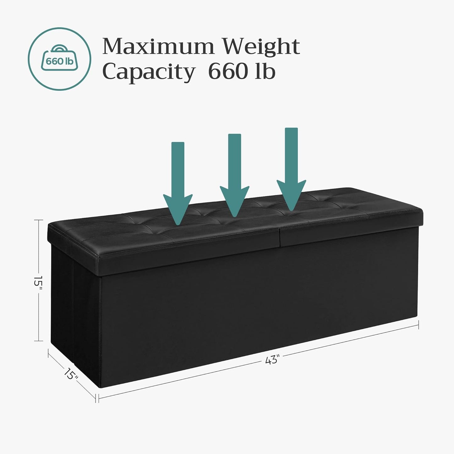 SONGMICS MAZIE Collection - 43 Inches Storage Ottoman Bench with Flipping Lid, Storage Chest with Iron Frame Support, Load 660 lb, for Living Room, Bedroom, Synthetic Leather, Black ULSF75BK