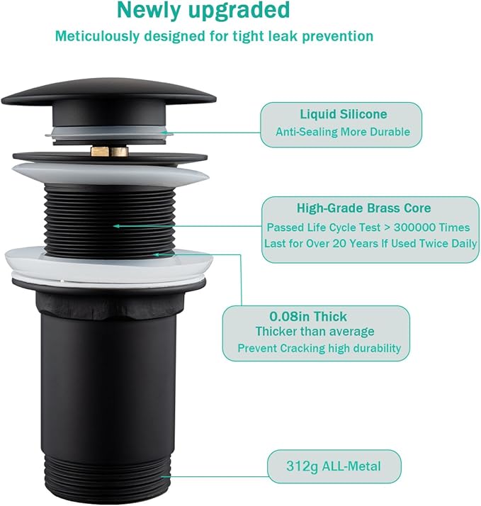 Brass Round Bottle P-Trap with Pop Up Drain Stopper,1 1/4 Adjustable Basin Sink Waste Drain Trap Kit Without Overflow, Matte Black P Trap