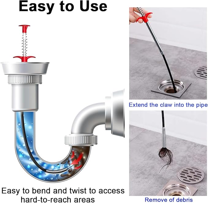 Flexible Claw Grabber Pick up Reacher Tool, Drain Snake Hair Drain Clog Remover Tool Toilet Snakes for Unclogging, Bendable Hose Pickup Reaching Assist for Litter Pick, Home Sink, Toilet (23 Inch)