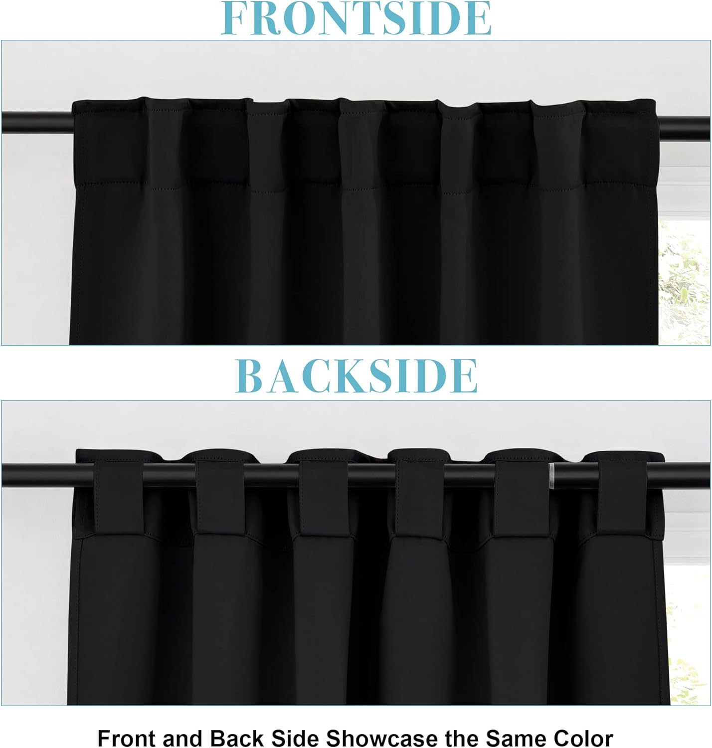 RYB HOME Blackout Curtains Pair - Solid Country Window Decorating Panels Light Block Drapes for Bedroom Kitchen Office Privacy Curtains for Gift, Wide 42 x Long 54 inch, Black, Set of 2