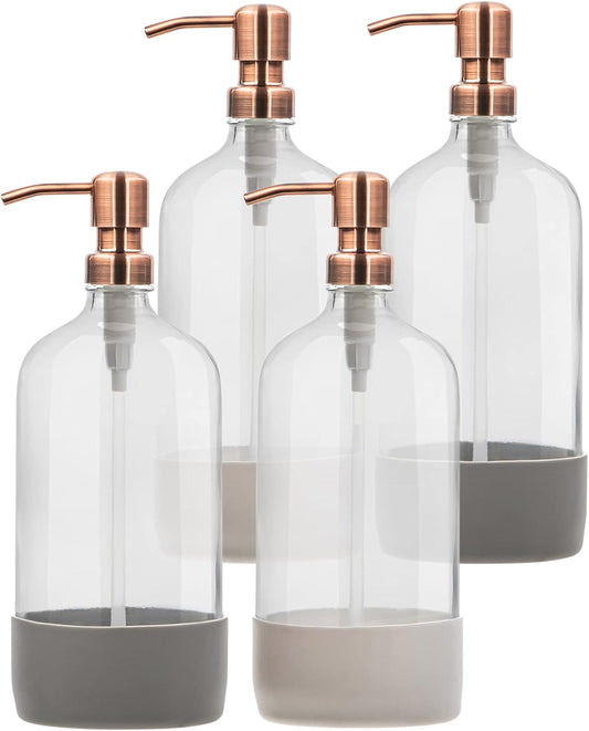 32 oz Glass Pump Bottle Rustproof Stainless Steel Pump, Funnel, and Lids. Modern Farmhouse Vintage Jar, Large Glass Shampoo Bottles with Pump and Laundry Soap Dispenser - Rose Gold