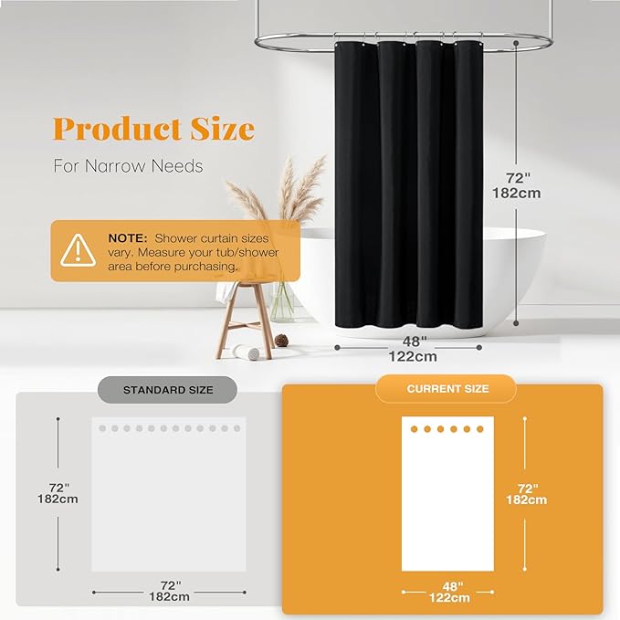 BTTN Fabric Shower Curtain, Linen Textured Heavy Duty Polyester Cloth Shower Curtain Set with Plastic Hooks, Black, 48x72