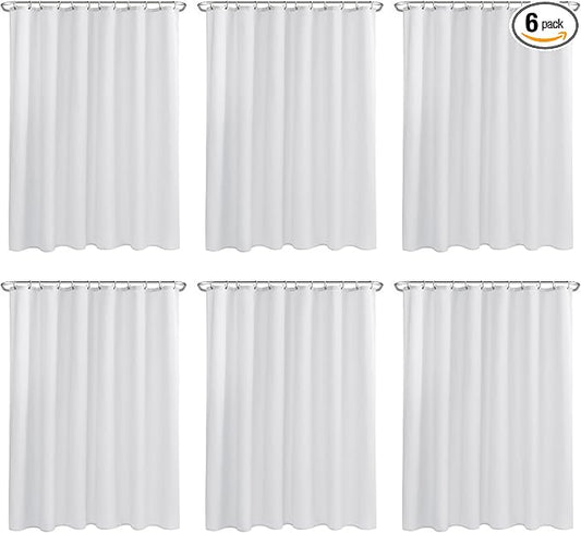 Nasitos Hotel Fabric Shower Curtain Liners 6 Pack - W72 x H72 - Water Resistant Lightweight Cloth Shower Liner for Bathroom, Machine Washable, Standard Size (White, Magnets Included)