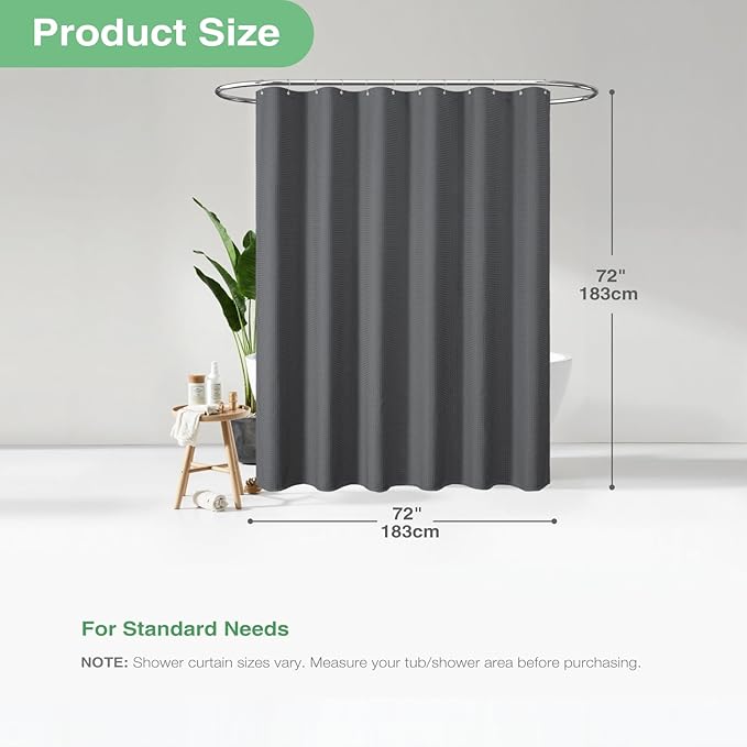Dynamene Charcoal Grey Fabric Shower Curtain - Waffle Weave Textured Heavy Duty Cloth Shower Curtains for Bathroom, 256GSM Hotel Luxury Weighted Bath Curtain Set with 12 Plastic Hooks,72x72