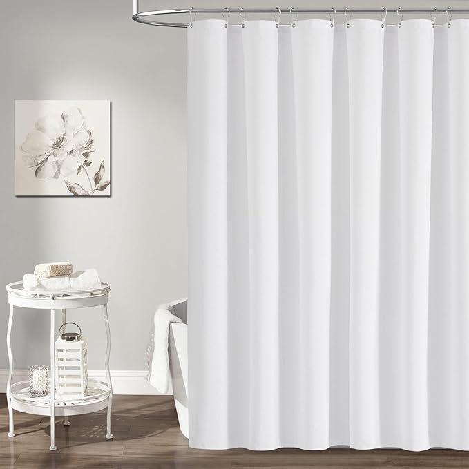 BTTN Long Fabric Shower Curtain - 72x80 Inch Linen Textured Heavy Duty Polyester Cloth Shower Curtain Set with Plastic Hooks, Hotel Trendy Luxury Waterproof Modern Shower Curtains for Bathroom, White