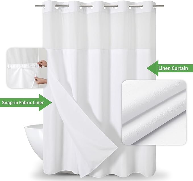 Extra Long No Hooks Needed Linen Textured Shower Curtain with Snap-in Fabric Liner Set,Tall Hotel Luxury Decor Shower Curtains for Bathroom,Waterproof & Washable,71Wx98H,White