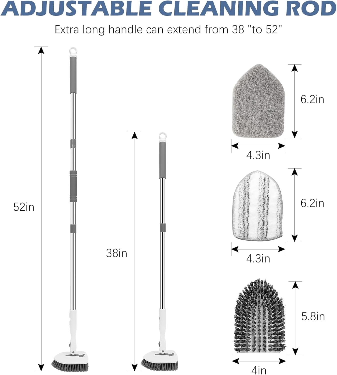 SetSail Floor Scrub Brush, 3-in-1 Tile Tub Floor Scrubber with 52-inch Adjustable Long Handle Shower Cleaner Brush and 4 Detachable Replacement Brush Heads for Cleaning Bathroom Tub Tile, White