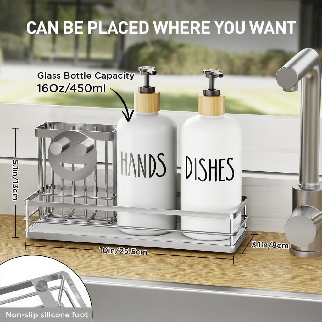 Moforoco Kitchen Dish Soap Dispenser Set, 16OZ Glass Bottle, Hand and Dish Soap Dispenser Set, Instant Dry Tray, Non-Slip Silicone Pad, Brush Holder with Sponge Holder, Kitchen Decor（White Bottle）