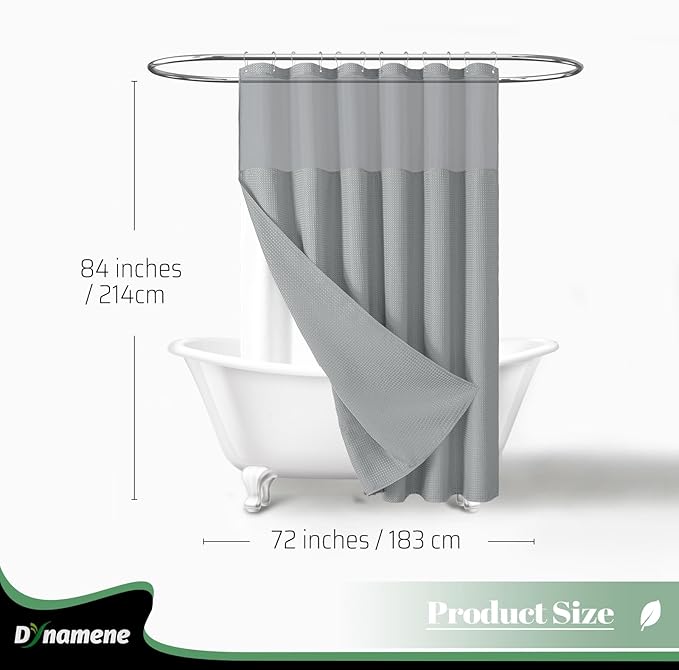 Dynamene Extra Long Shower Curtain, 84 Inch Long Waffle Fabric Shower Curtain for Bathroom, Tall Waterproof Cloth Shower Curtain Liner Set with Hook, Snap in Liner, Mesh Top Window, Dark Grey, 72x84