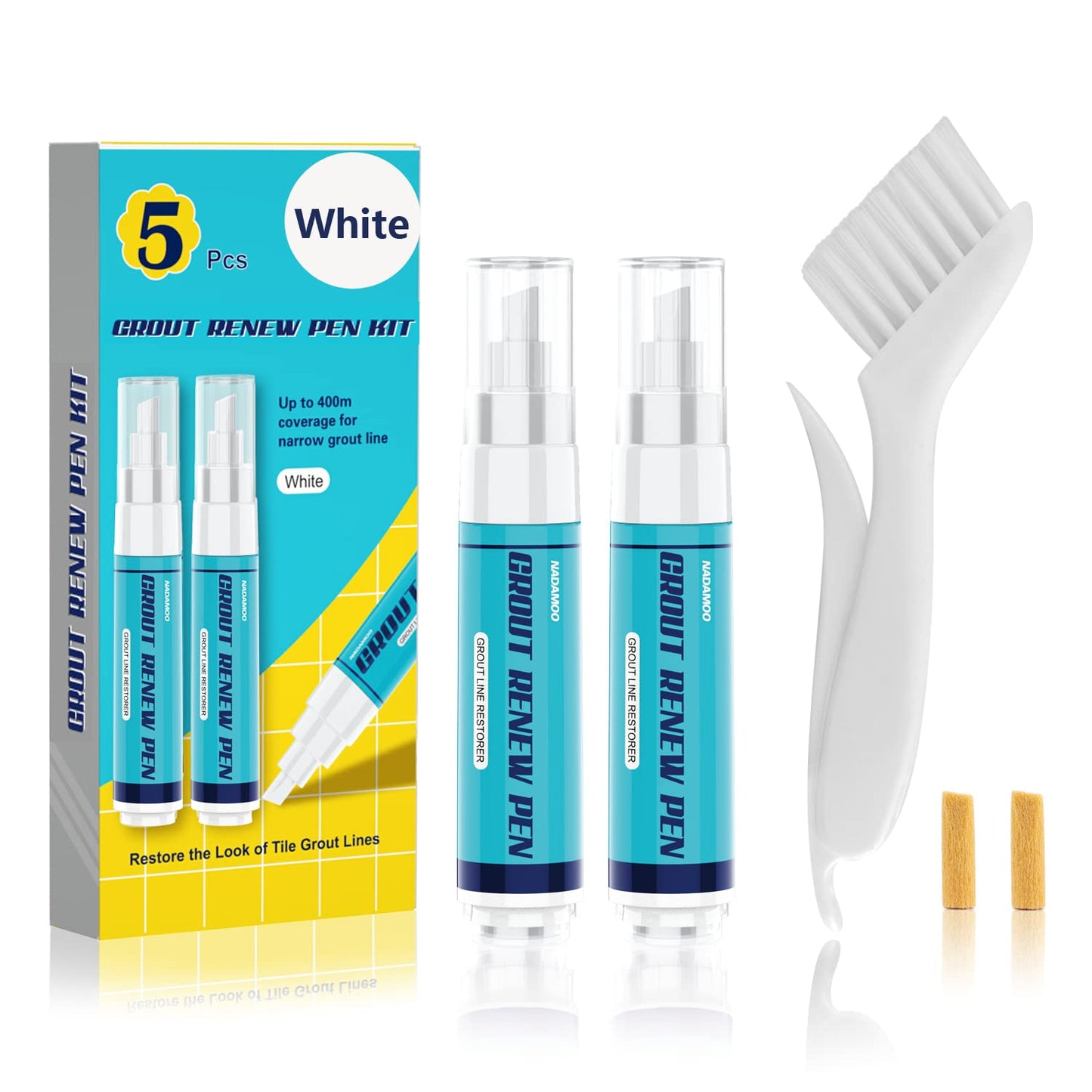 NADAMOO Grout Renew Pen White, 2 Large 20ml Paint Pens, Touch Up Repair Marker for Tile Gap Coating - Restore Grout Line, With 2 Replacement Nibs and 1 Cleaning Brush