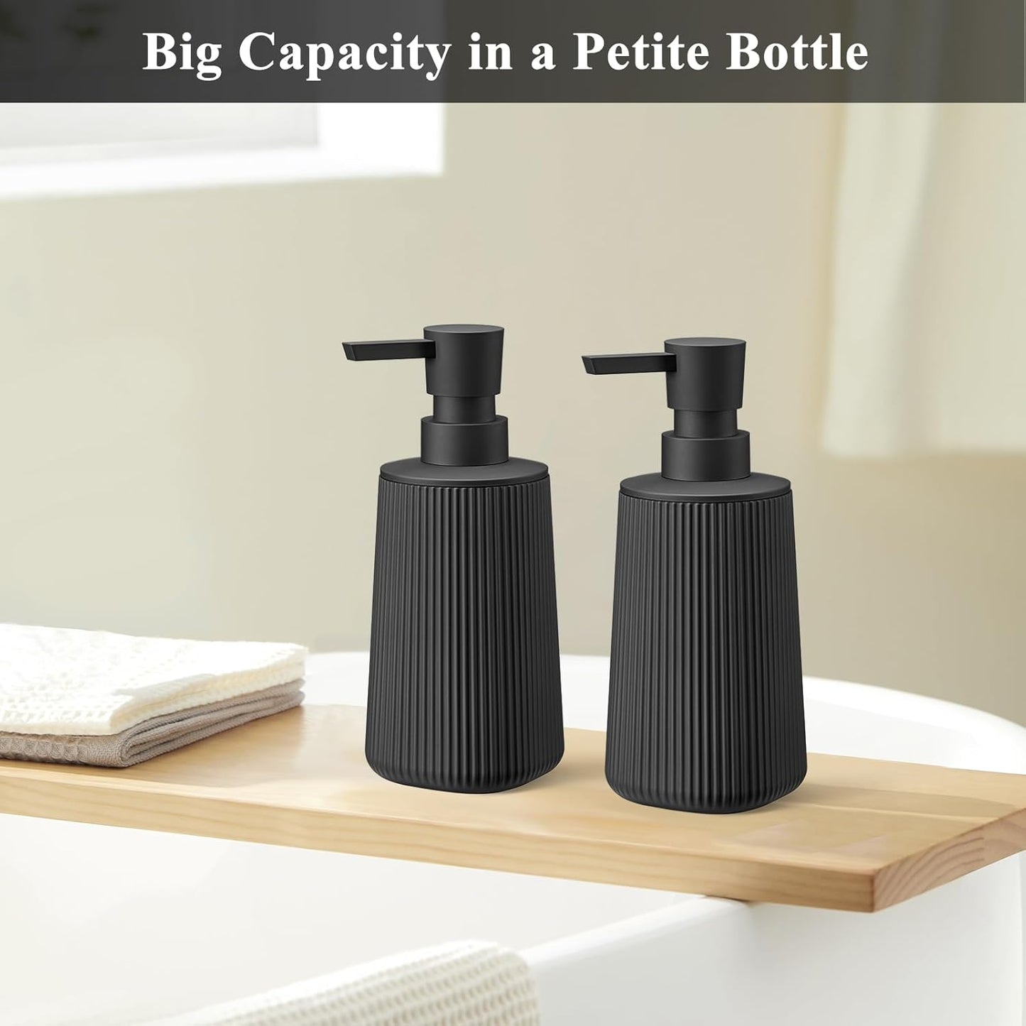 Black Hand Soap Dispenser with No Rust Pump for Bathroom and Kitchen Countertops Refillable Striped Matte Plastic 8.5 oz