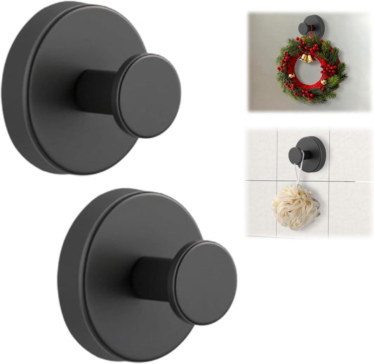 Suction Cup Hooks for Wreaths on Glass, No-Drill Suction Cup Hooks, Wreath Hangers for Front Doors, Metal Towel Hooks for Showers Bathrooms Mirrors (2Pcs Black)