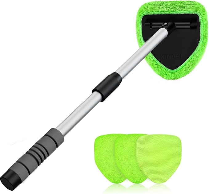 XINDELL 29-inch Windshield Cleaner Tool – Car Interior Window Cleaning Kit with Extended Long Handle & 4 Microfiber Pads, Auto Wiper Windshield Brush for Car, Trucks, SUVs, RVs & Home
