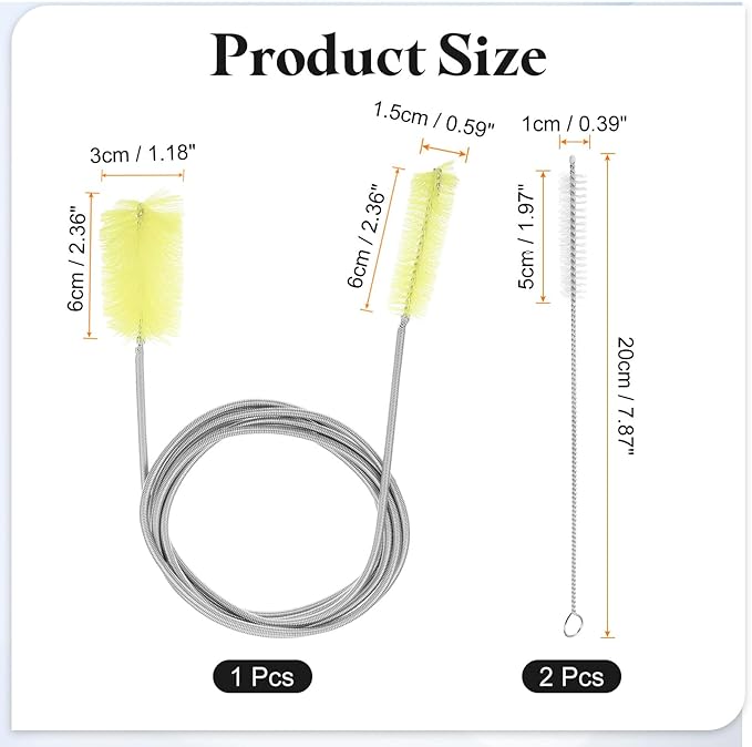 HARFINGTON 3pcs Flexible Long Drain Brush Straw Cleaner Set 78.74" Stainless Steel Double Ended Hose Brush with 8" Nylon Long Tube Pipe Cleaning for Fish Tank Sink Pipe, Yellow