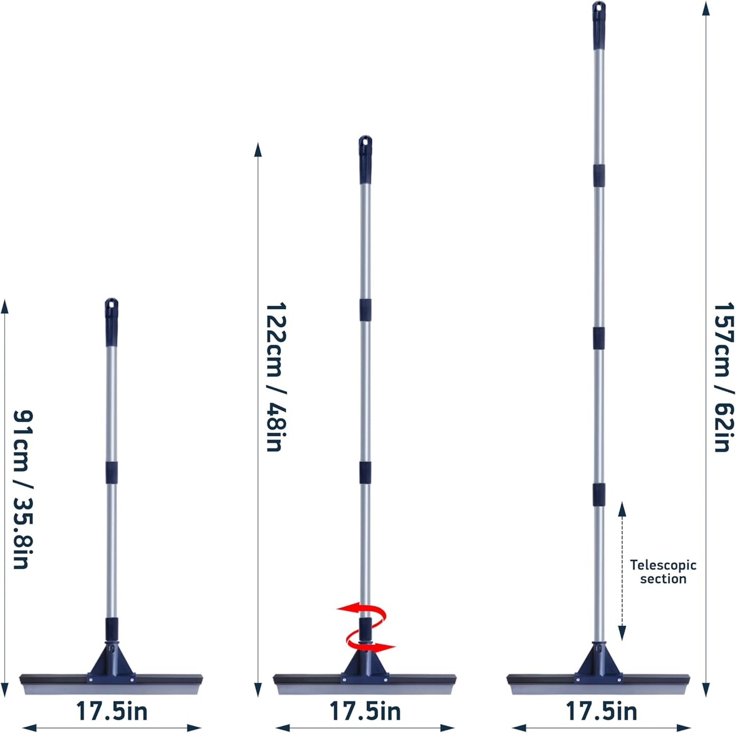 DSV Standard Floor Squeegee for Concrete Floor, 17.5" Large Floor Squeegee Broom for Floor, Heavy Duty Floor Squeegee for Tile Floor with 62" Handle for Garage, Deck, Bathroom, Window, Glass