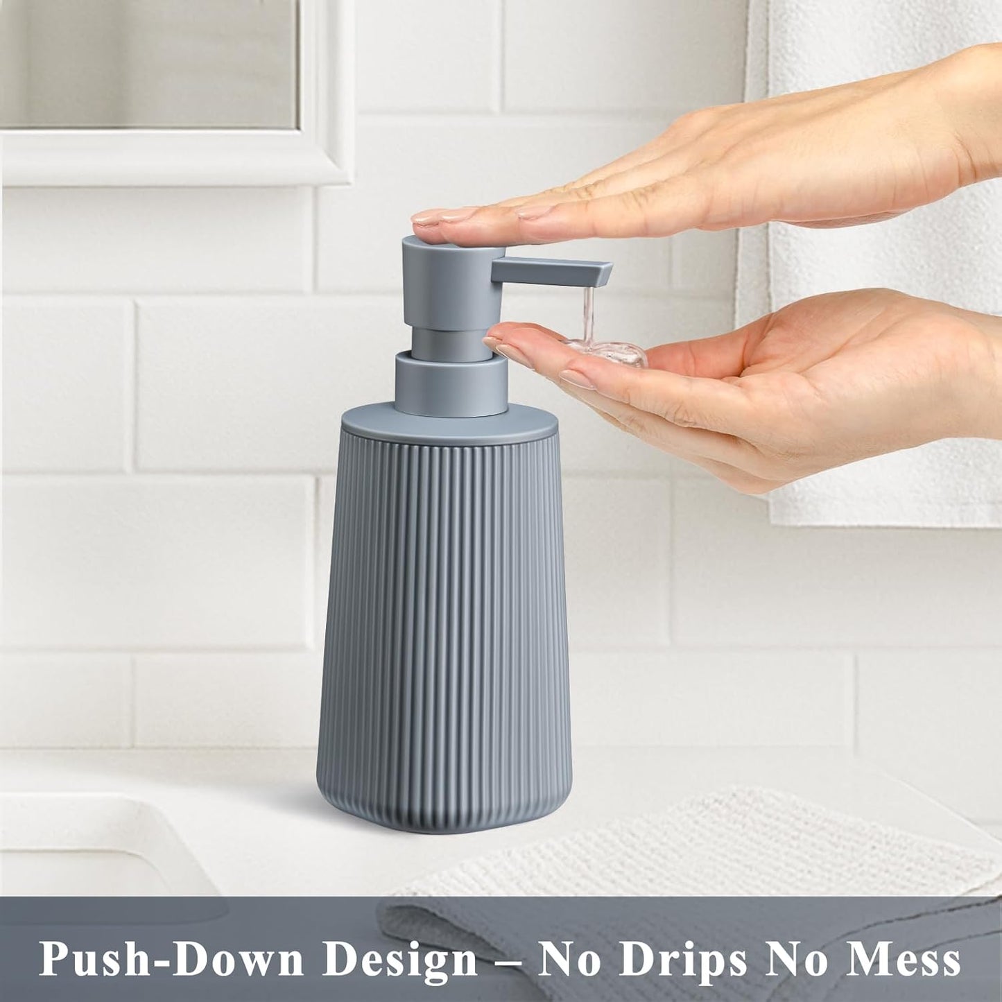 Gray 2 Pack Hand Soap Dispensers with No Rust Pump for Bathroom and Kitchen Countertops Refillable Striped Matte Plastic 8.5 oz