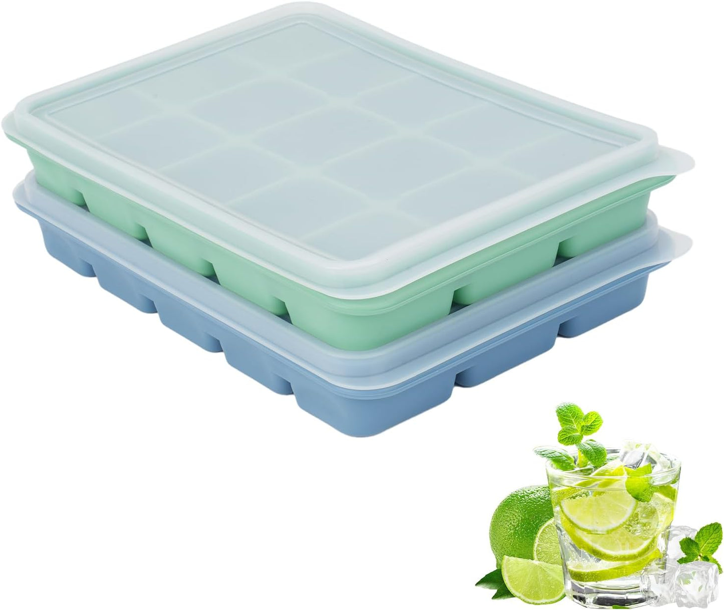 Ice Cube Trays with Silicone Lid, 15 Grid Square Ice Tray Easy Release Stackable Ice Cube Mold, 2 Pack (Grey Blue+Green)