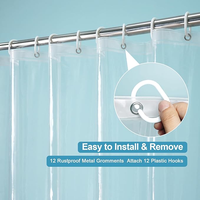 EurCross Shower Curtain Liner with Hooks and 5 Magnet Weights, Waterproof Premium 9G PEVA Clear Shower Liner or as See-Through Plastic Shower Curtain 72x72inch