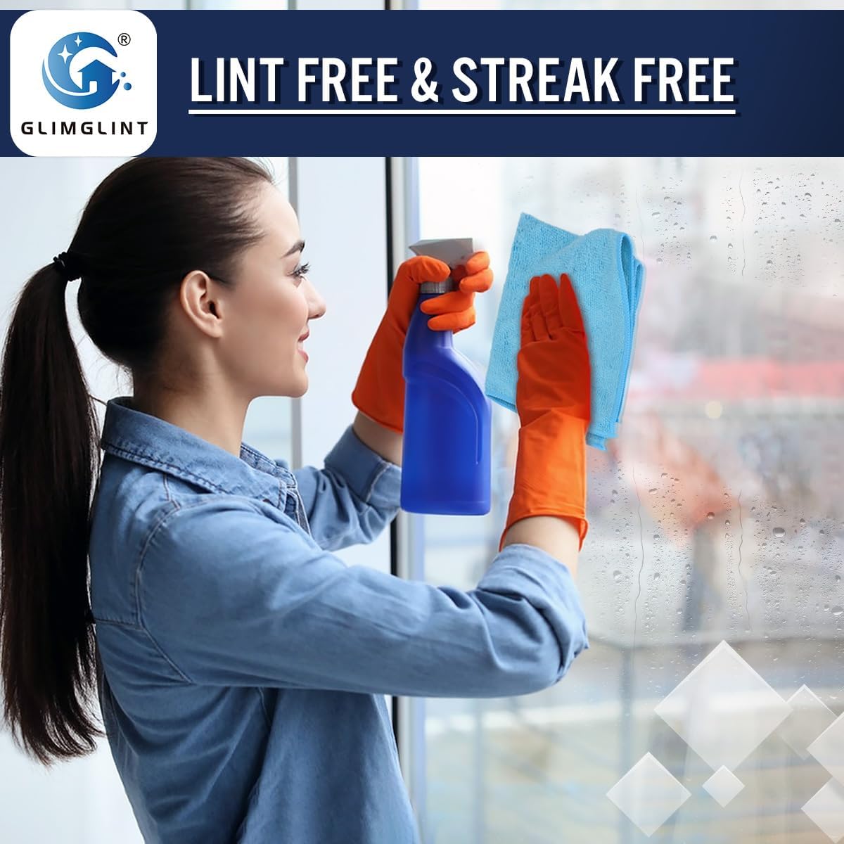 GLIMGLINT Blue Microfiber Cleaning Cloth, 12 Pack Cleaning Towels for Kitchen, Lint Free, Scratch-Free, Highly Absorbent, and Reusable Cleaning Rags for House, Window and Glass, Cars, 14"X12"