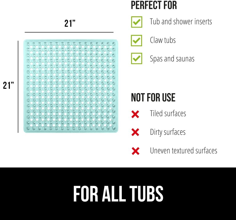 GORILLA GRIP Patented Square Shower Stall Mat, Small Bathtub Floor Mats for Stand Up Showers with Suction Cups and Drainage Holes, Machine Wash, Soft on Feet, Bathroom Accessories 21x21 Inch, Green