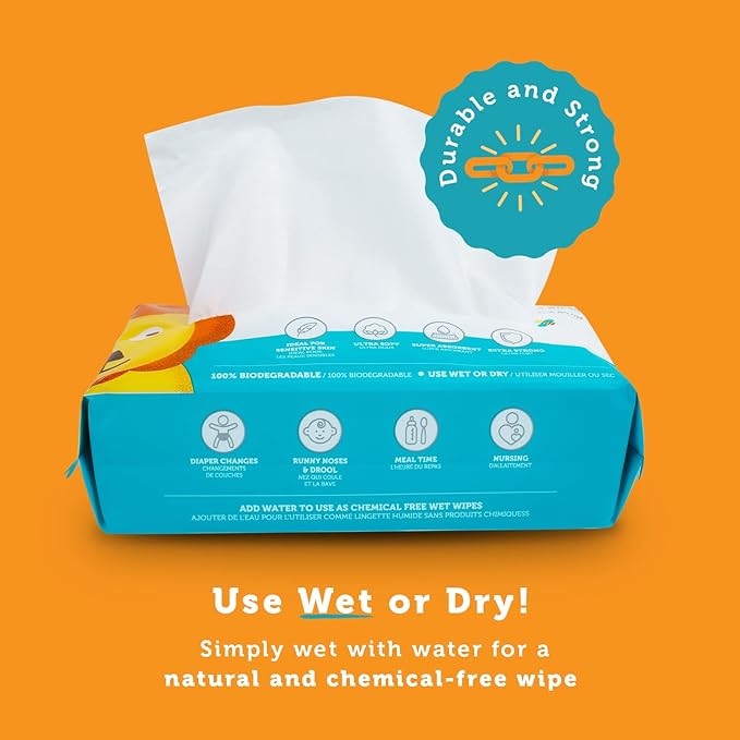 Whoopsie Wipes – The Original 100% Pure Cotton Dry Baby Wipes – Ultra Soft, Unscented, Chemical-Free Wipes for Sensitive Skin – Use Dry or Add Water for Wet Wipes – 2 Packs (200 Count).