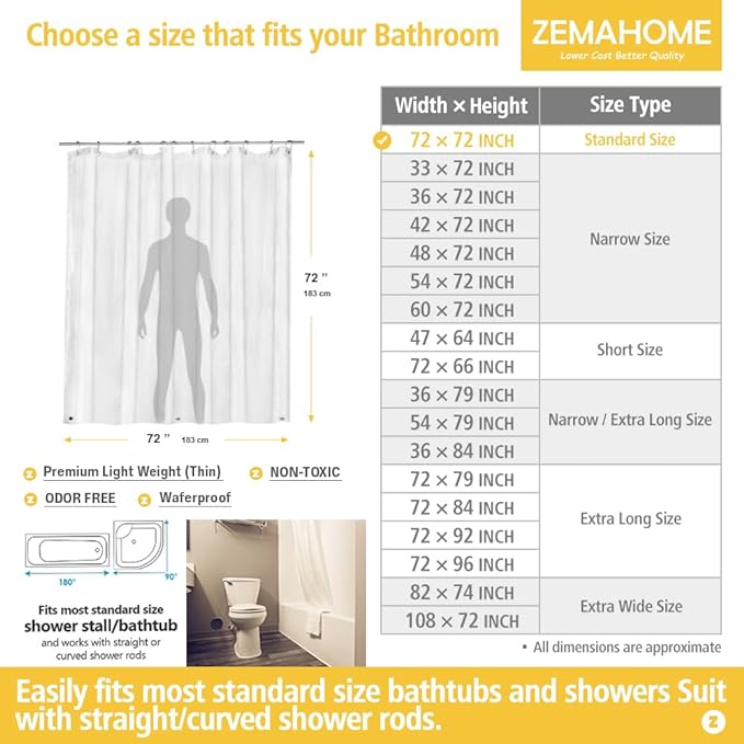 Clear PEVA Plastic Shower Curtain Liner Premium Light Weight 72" x 72" Transparent Bathroom Shower Showroom Curtain Liner with Rustproof Metal Gromments and Weighted Magnet