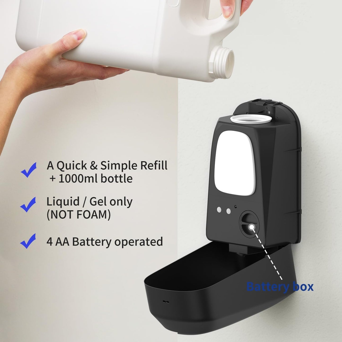 JETWELL Automatic Touch-Less Wall Mount Hand Soap Dispenser Liquid Drop Battery Operated, Black Matte Stainless Steel Cover Large Capacity 34OZ/1000ML for Kitchen Home Commercial Bathroom