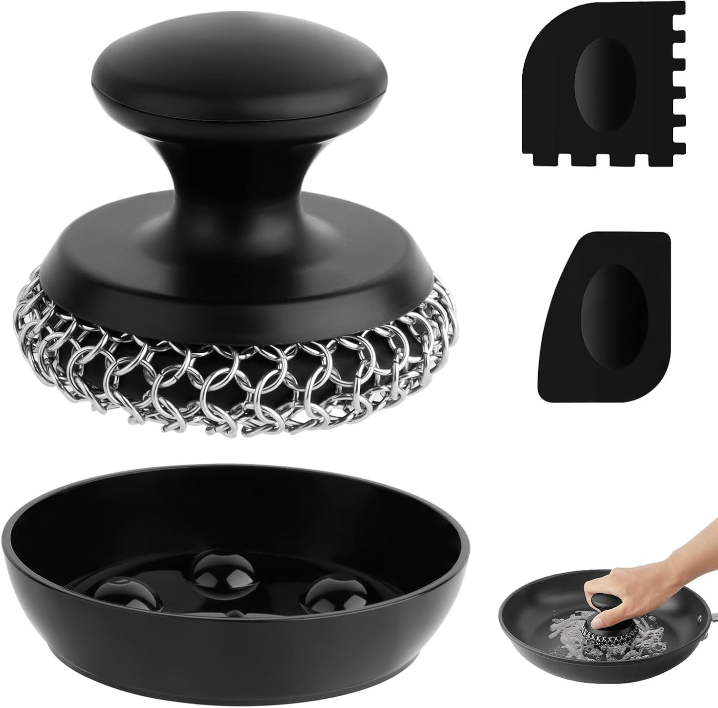 Cast Iron Scrubber Cleaner, Chainmail Scrubber for Cast Iron Pan Skillet, Dish Scouring Pad, Stainless Steel Brush/Scraper for Metal Skillet Scrubbing, Wok, Dutch Oven Cleaning Kit - Thick Mesh