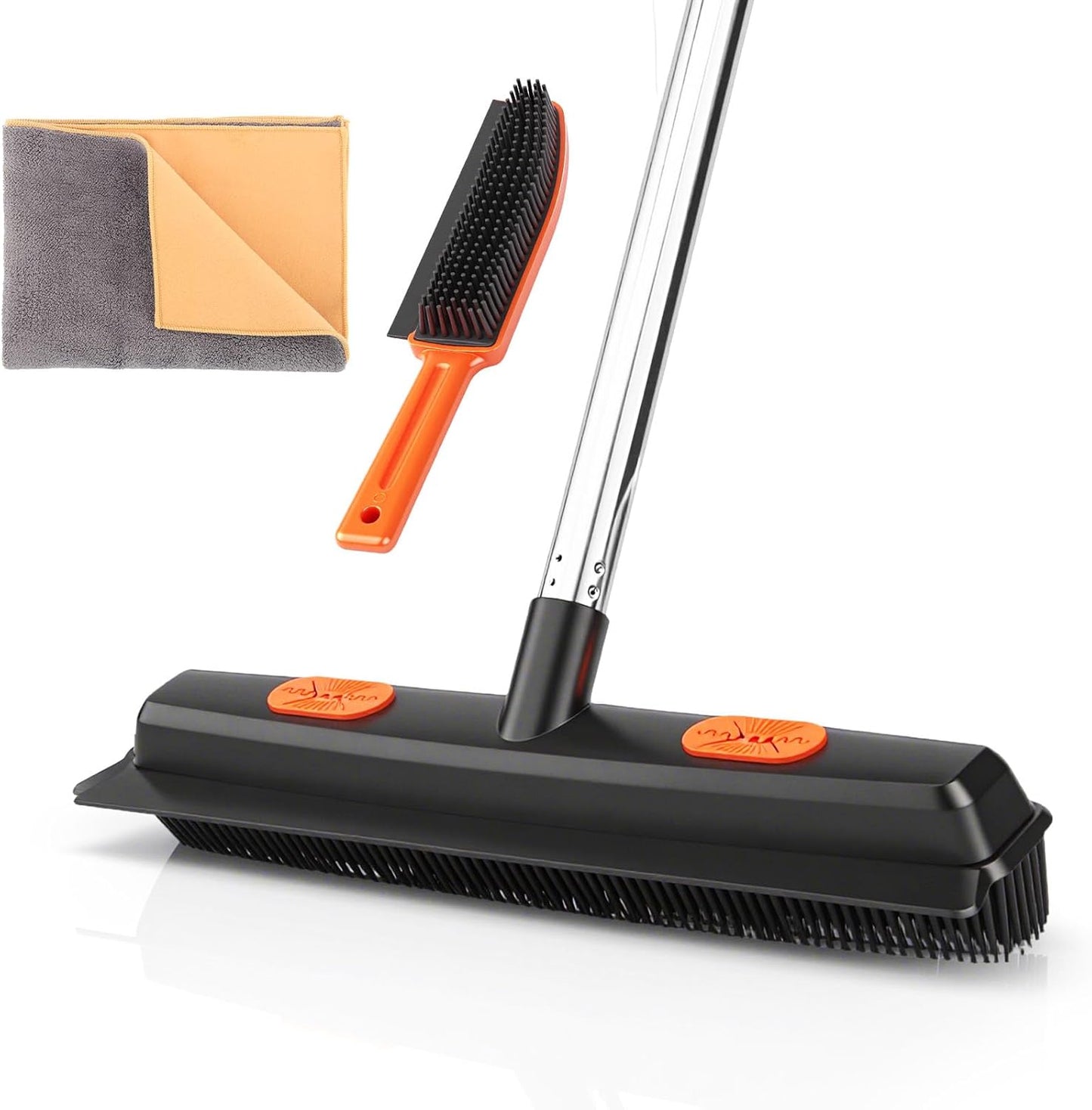 Pet Hair Removal Rubber Broom with Squeegee,Carpet rake for pet Hair Removal Tool,52 inch Adjustable Handle,Includes 1 Microfiber Cloth for Floor Dusting and 1 Pet Hair Comb Long Extension Pole