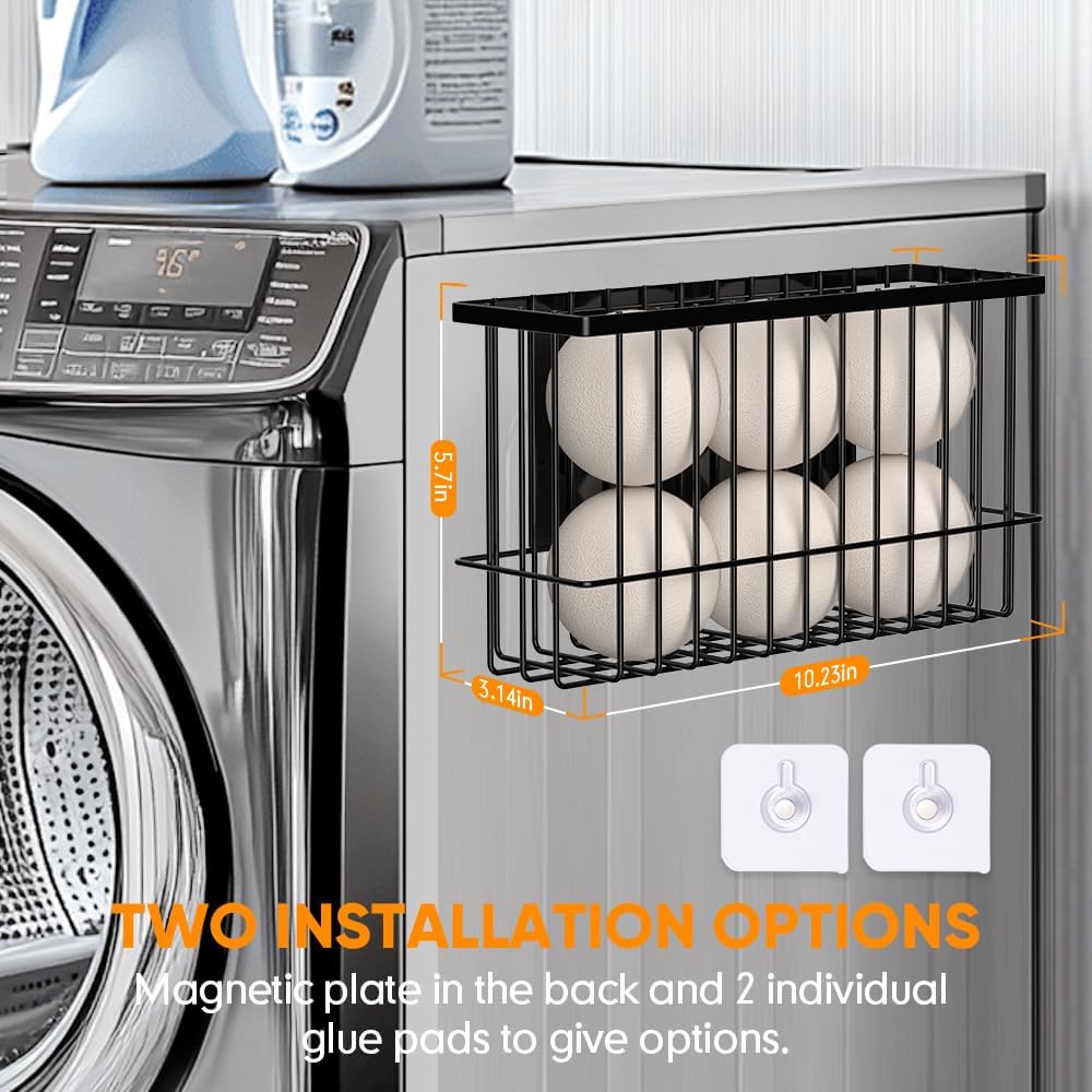 Magnetic Dryer Ball Holder for Laundry Room Organization and Storage, Magnetic Lint Bin for Laundry Room, Iron Dryer Ball Container for Laundry Room Storage (No Balls, Black)