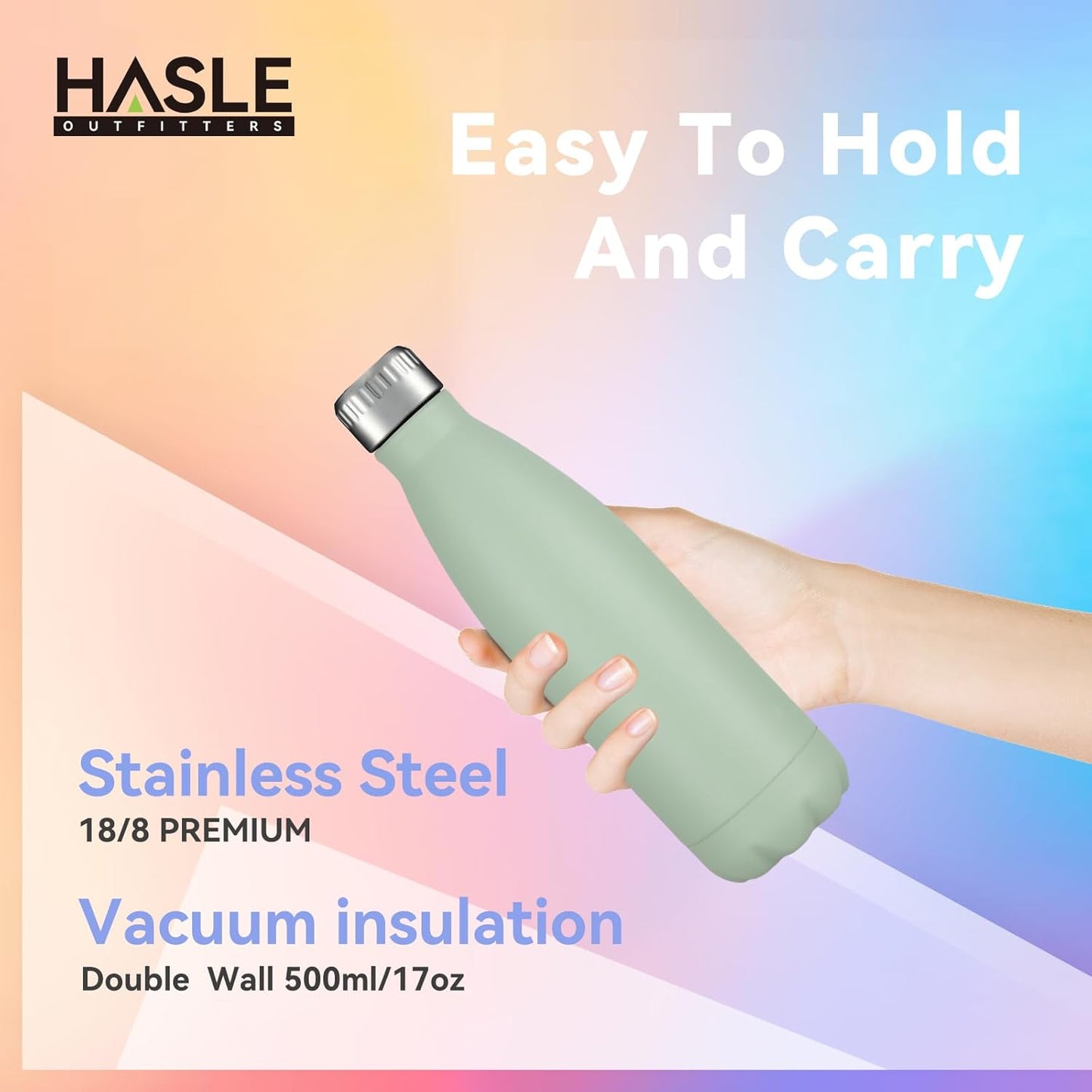 HASLE OUTFITTERS 17oz Stainless Steel Water Bottles, Vacuum Insulated Water Bottles Double Walled Reusable Metal Sports Water Bottles Keep Drinks Hot and Cold, Light Green, 1Pack