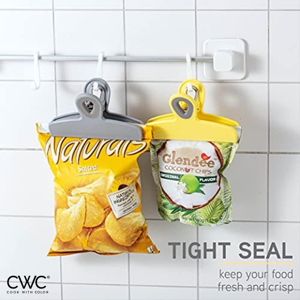 COOK WITH COLOR Bag Clips - Heavy Duty Chip Clip and Refrigerator Magnet Clips for Food Storage with Air Tight Seal Grip, Yellow and Grey, Pack of 8 Large Clips