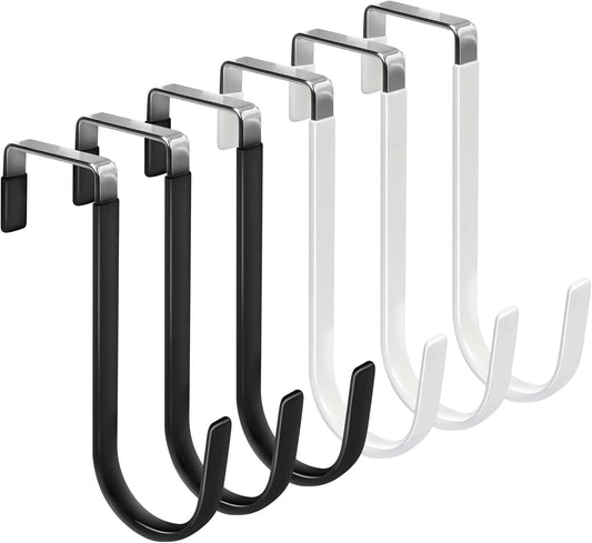FYY 6PCS Over The Door Hooks, Door Hangers Hooks with Rubber Prevent Scratches Heavy Duty Organizer Hooks for Living Room, Bathroom, Bedroom, Kitchen Hanging Clothes, Towels, Hats, Bags Black+White