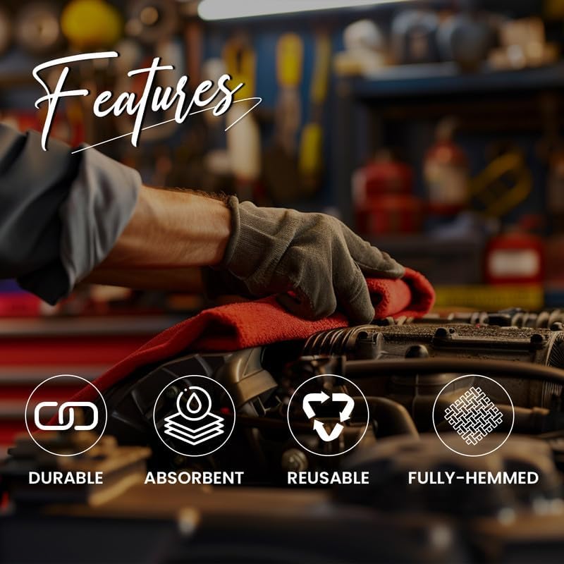 Shop Towels (Red, 200-Pack) - Bulk Cleaning Towel in a Bag, Mechanic Cotton Wipes for Car Maintenance, Auto Mechanics & Garage, Wipe Grease & Oil, Machine Wash & Reusable