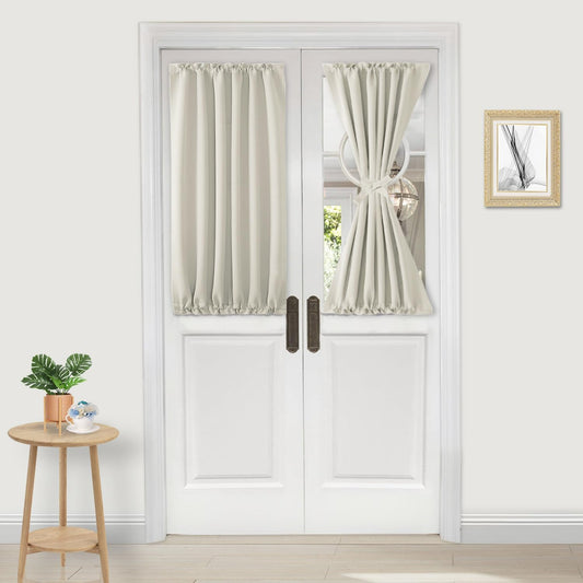 DWCN French Door Curtains – Rod Pocket Thermal Blackout Curtain for Doors with Glass Window, Kitchen and Patio Doors for Privacy, 25 X 40 Inches Long, 1 Curtain Panel with Tieback, Ivory
